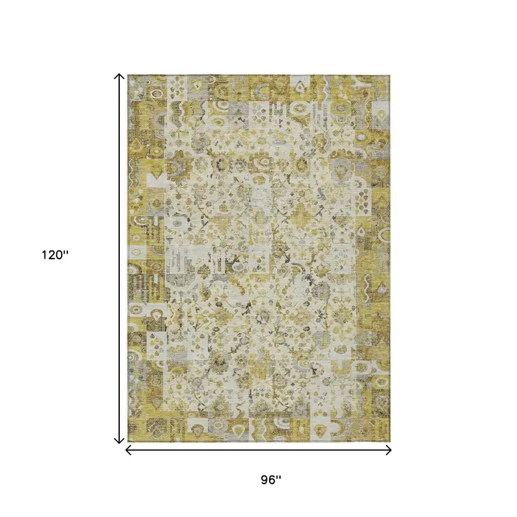 8' X 10' Gold And Ivory Patchwork Washable Indoor Outdoor Area Rug