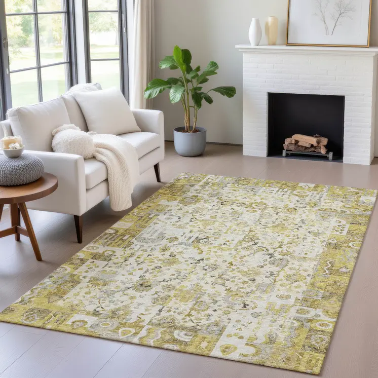 9' X 12' Gold And Ivory Patchwork Washable Indoor Outdoor Area Rug