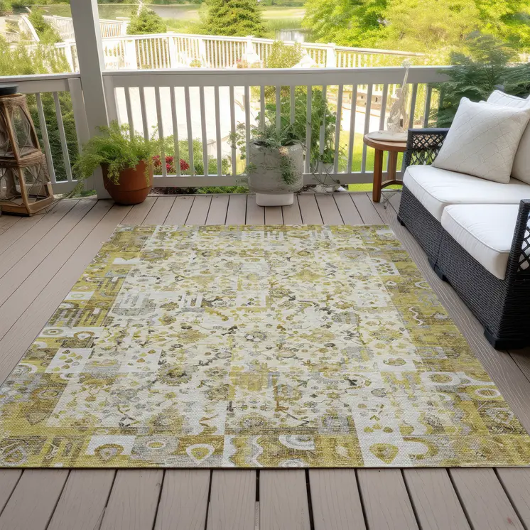 9' X 12' Gold And Ivory Patchwork Washable Indoor Outdoor Area Rug