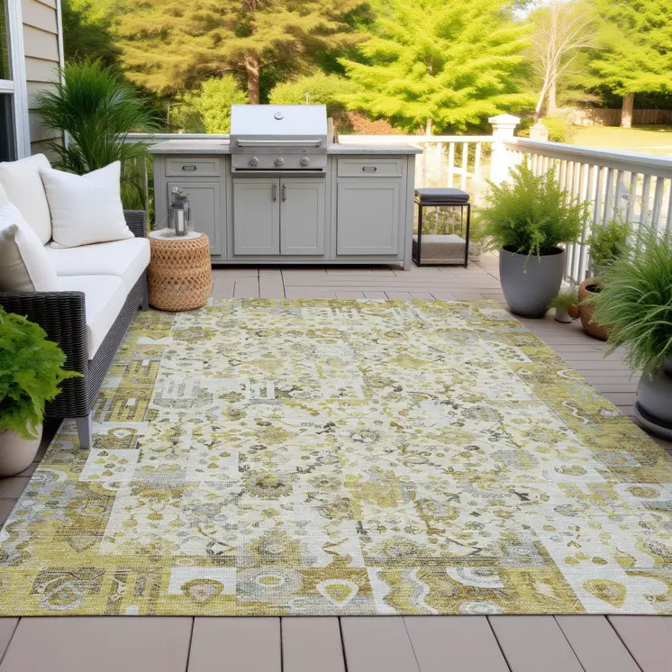 10' X 14' Gold And Ivory Patchwork Washable Indoor Outdoor Area Rug