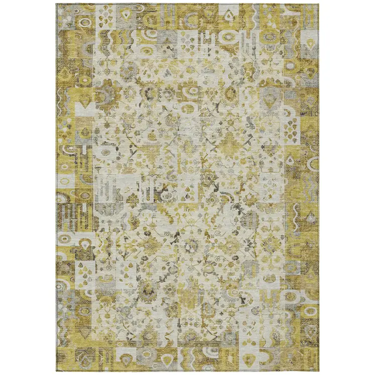 10' X 14' Gold And Ivory Patchwork Washable Indoor Outdoor Area Rug
