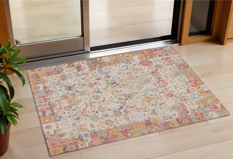 3' X 5' Pink And Ivory Patchwork Washable Indoor Outdoor Area Rug