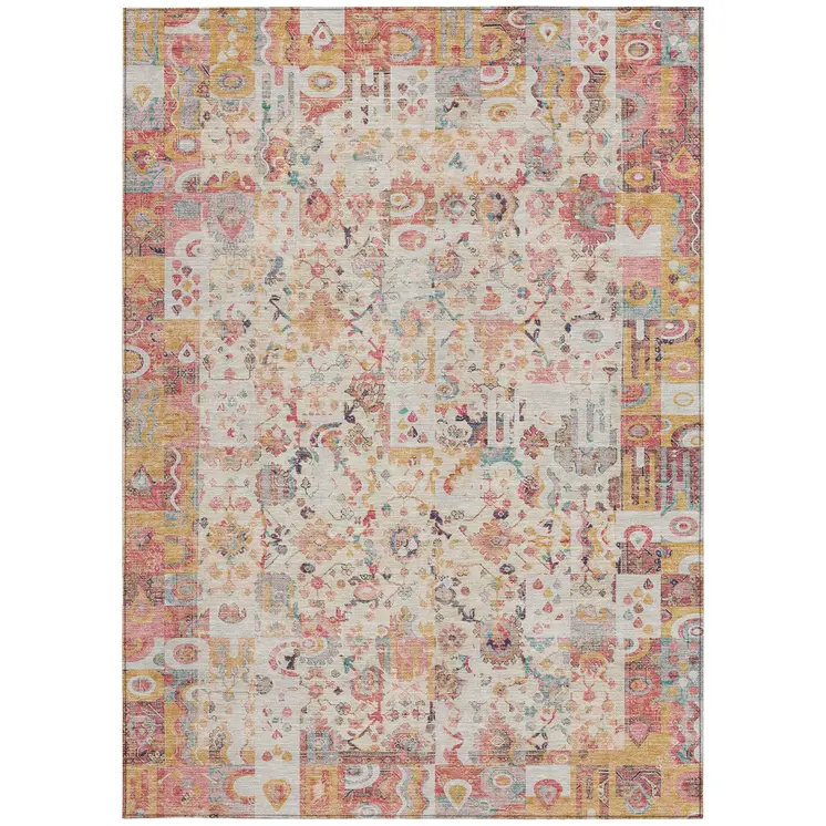 5' X 8' Pink And Ivory Patchwork Washable Indoor Outdoor Area Rug