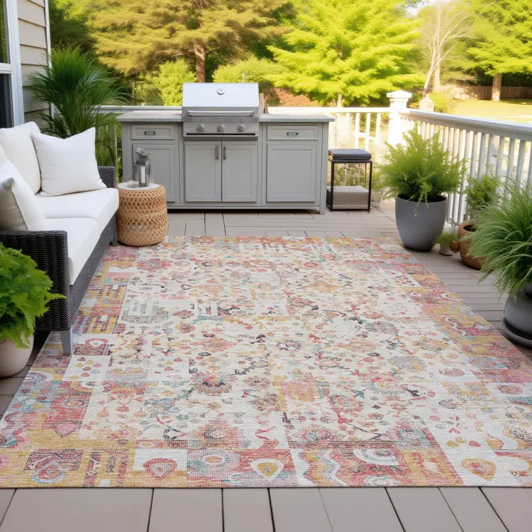 5' X 8' Pink And Ivory Patchwork Washable Indoor Outdoor Area Rug