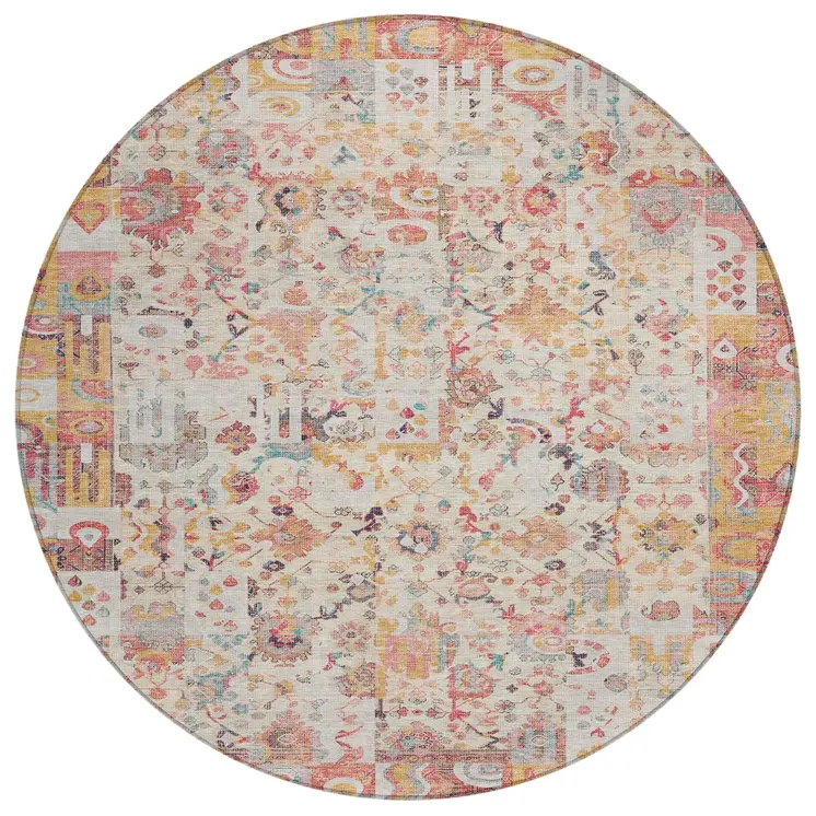 8' Pink And Ivory Round Patchwork Washable Indoor Outdoor Area Rug