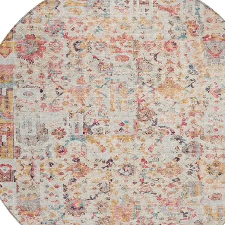 8' Pink And Ivory Round Patchwork Washable Indoor Outdoor Area Rug
