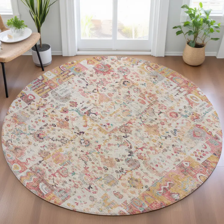8' Pink And Ivory Round Patchwork Washable Indoor Outdoor Area Rug