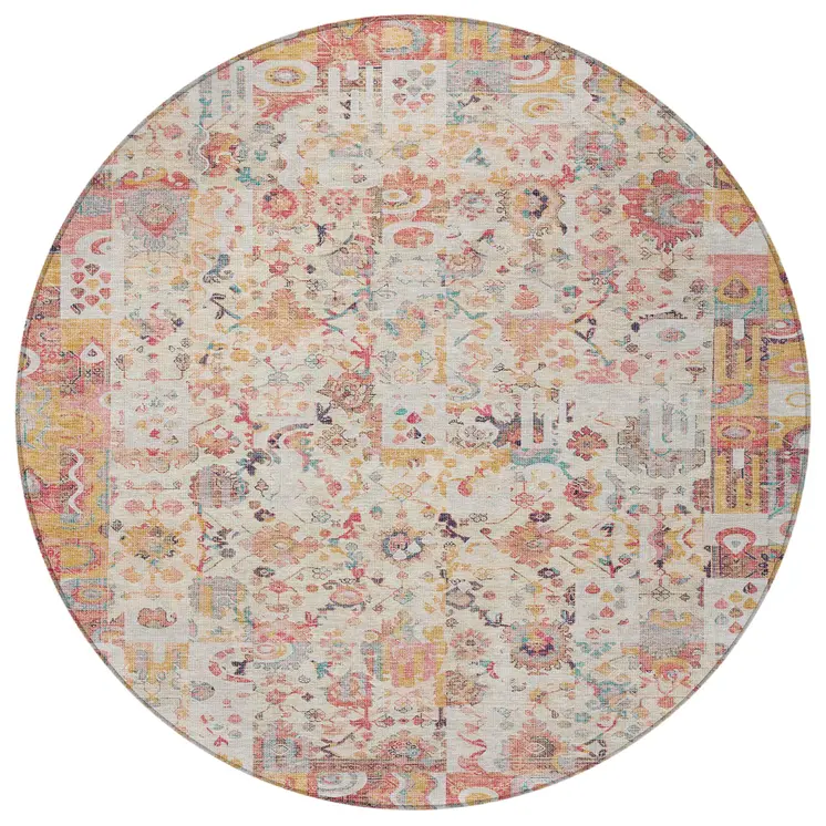 8' Pink And Ivory Round Patchwork Washable Indoor Outdoor Area Rug