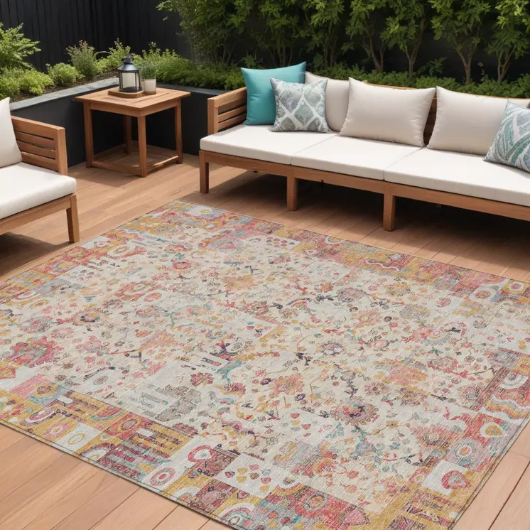 8' X 10' Pink And Ivory Patchwork Washable Indoor Outdoor Area Rug