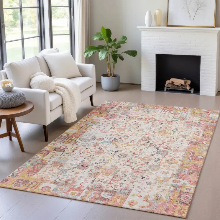 8' X 10' Pink And Ivory Patchwork Washable Indoor Outdoor Area Rug
