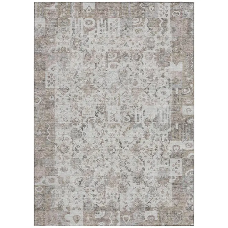 3' X 5' Taupe And Ivory Patchwork Washable Indoor Outdoor Area Rug