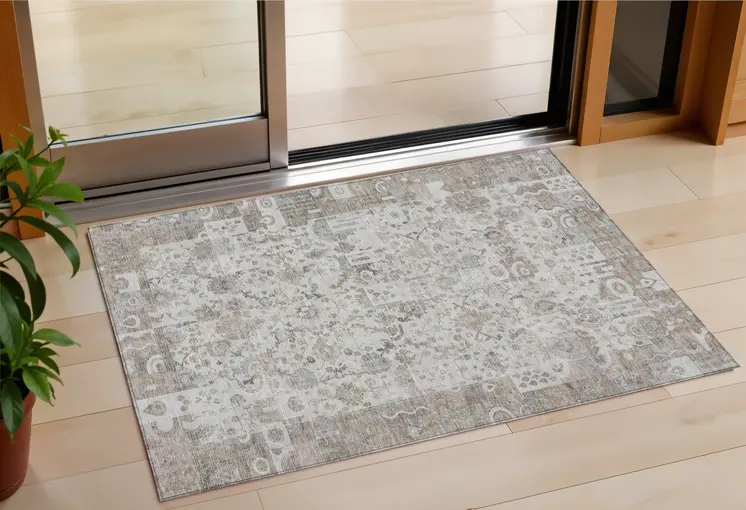 3' X 5' Taupe And Ivory Patchwork Washable Indoor Outdoor Area Rug