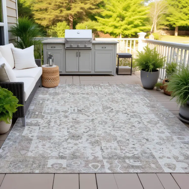 3' X 5' Taupe And Ivory Patchwork Washable Indoor Outdoor Area Rug