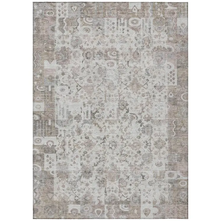 3' X 5' Taupe And Ivory Patchwork Washable Indoor Outdoor Area Rug