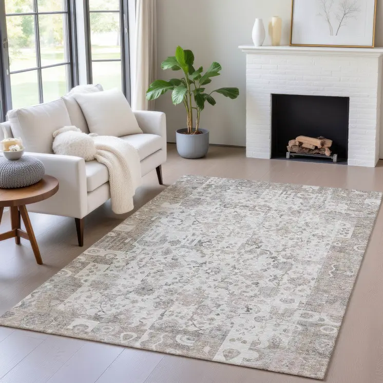 3' X 5' Taupe And Ivory Patchwork Washable Indoor Outdoor Area Rug