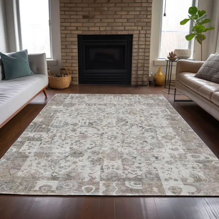 3' X 5' Taupe And Ivory Patchwork Washable Indoor Outdoor Area Rug