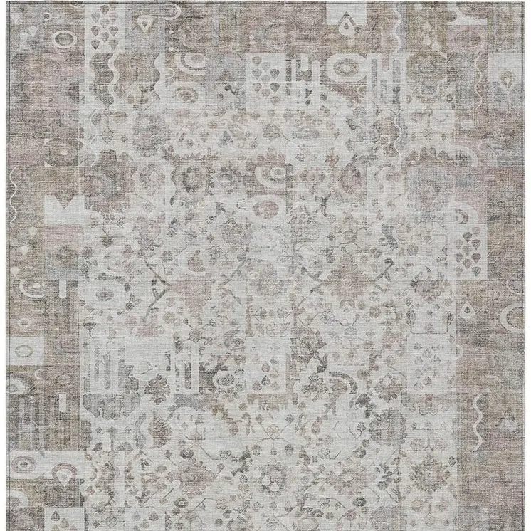 5' X 8' Taupe And Ivory Patchwork Washable Indoor Outdoor Area Rug