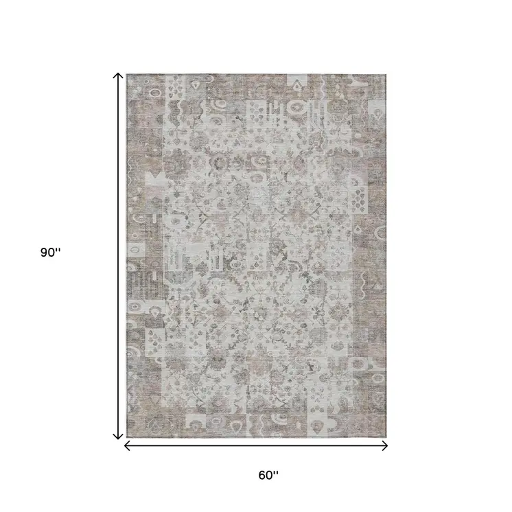 5' X 8' Taupe And Ivory Patchwork Washable Indoor Outdoor Area Rug