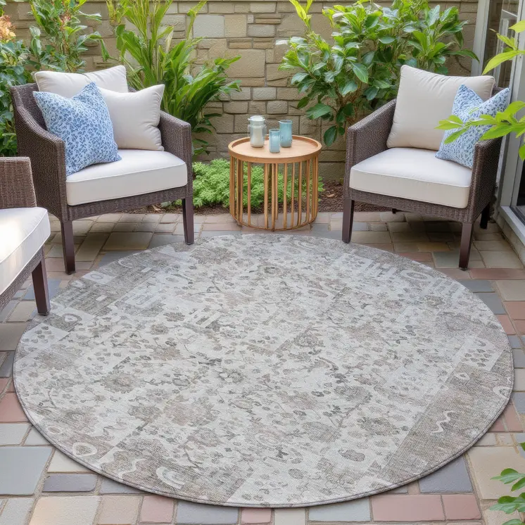 8' Taupe And Ivory Round Patchwork Washable Indoor Outdoor Area Rug