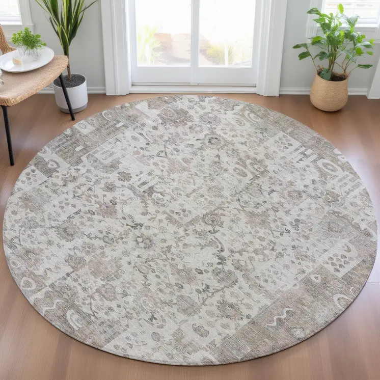 8' Taupe And Ivory Round Patchwork Washable Indoor Outdoor Area Rug