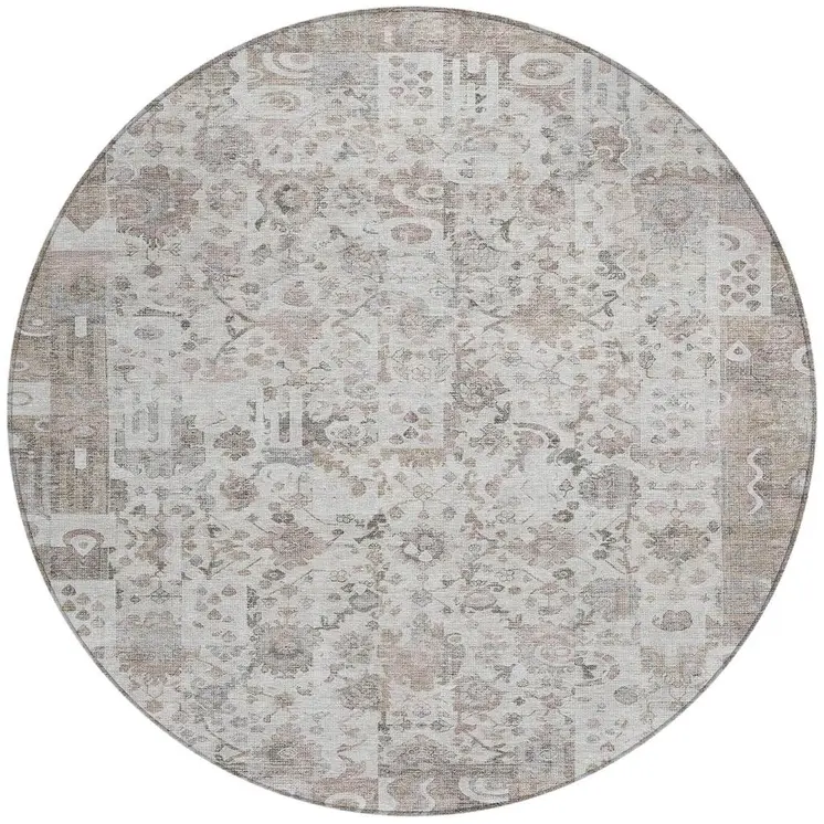 8' Taupe And Ivory Round Patchwork Washable Indoor Outdoor Area Rug