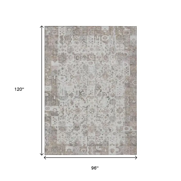 8' X 10' Taupe And Ivory Patchwork Washable Indoor Outdoor Area Rug