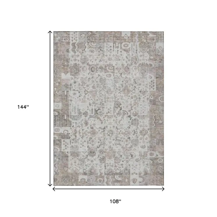9' X 12' Taupe And Ivory Patchwork Washable Indoor Outdoor Area Rug