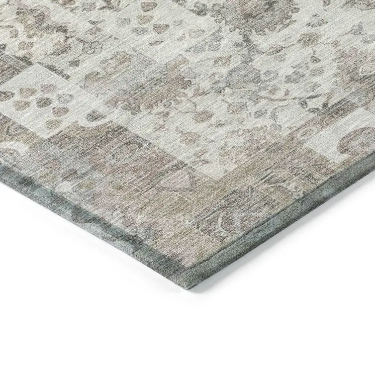 9' X 12' Taupe And Ivory Patchwork Washable Indoor Outdoor Area Rug