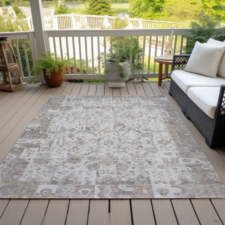 10' X 14' Taupe And Ivory Patchwork Washable Indoor Outdoor Area Rug