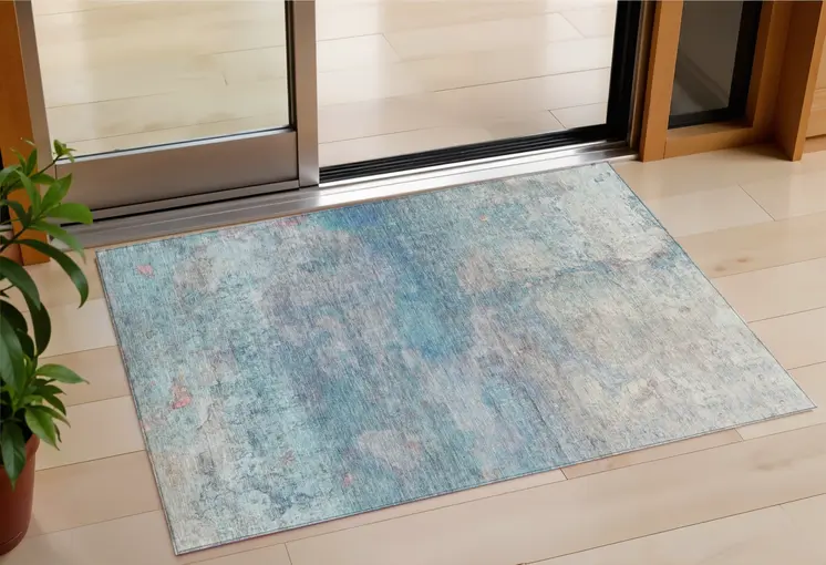 3' X 5' Aqua And Beige Abstract Washable Indoor Outdoor Area Rug
