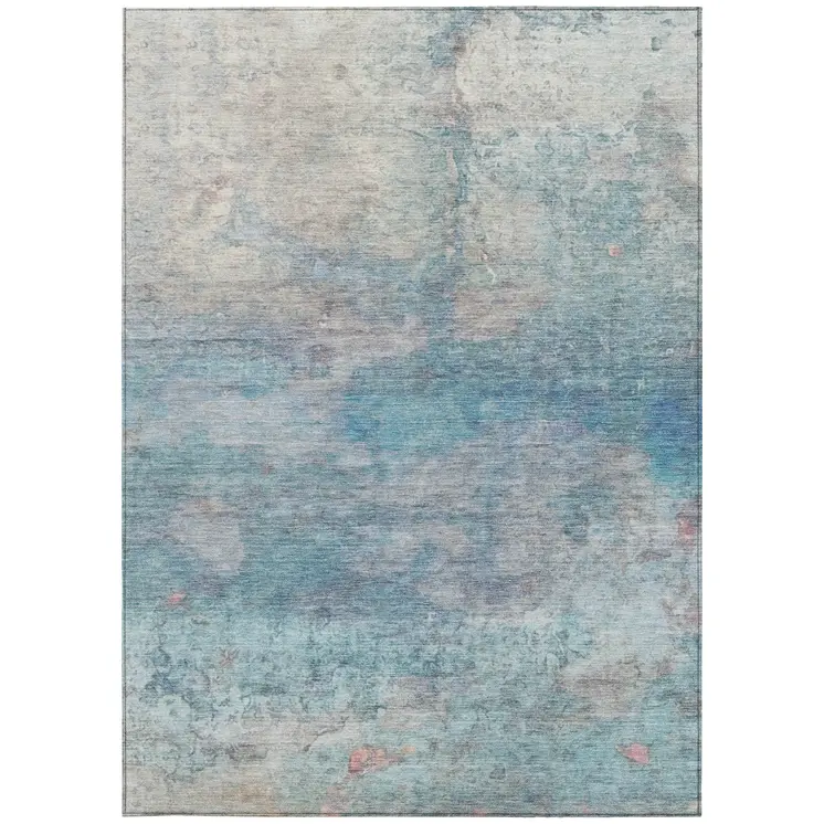 3' X 5' Aqua And Beige Abstract Washable Indoor Outdoor Area Rug