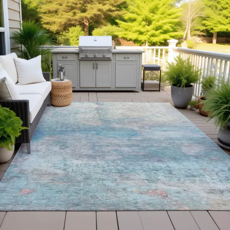 5' X 8' Aqua And Beige Abstract Washable Indoor Outdoor Area Rug