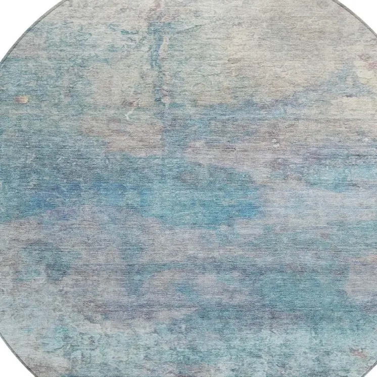 8' Aqua And Beige Round Abstract Washable Indoor Outdoor Area Rug