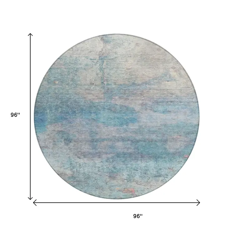 8' Aqua And Beige Round Abstract Washable Indoor Outdoor Area Rug