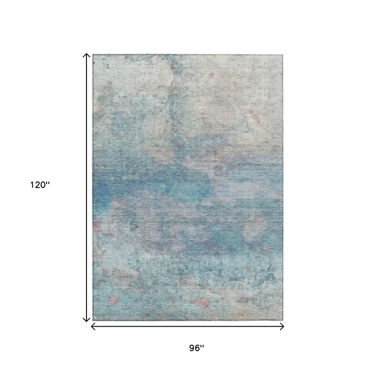 8' X 10' Aqua And Beige Abstract Washable Indoor Outdoor Area Rug