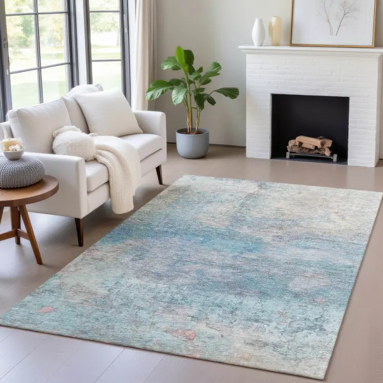 8' X 10' Aqua And Beige Abstract Washable Indoor Outdoor Area Rug