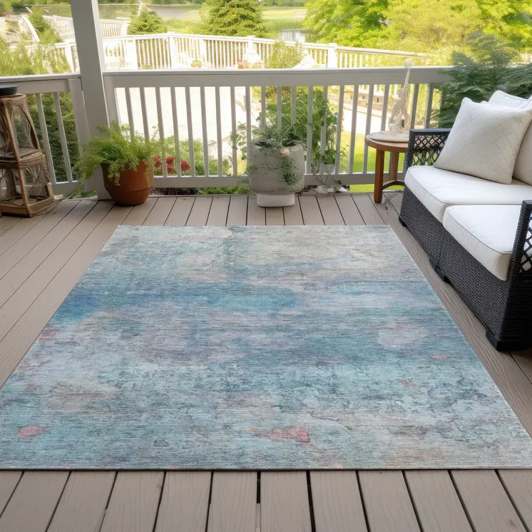 8' X 10' Aqua And Beige Abstract Washable Indoor Outdoor Area Rug