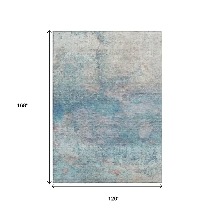10' X 14' Aqua And Beige Abstract Washable Indoor Outdoor Area Rug