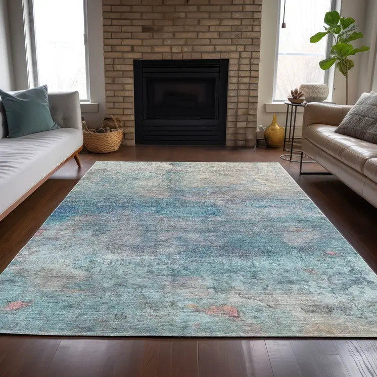 10' X 14' Aqua And Beige Abstract Washable Indoor Outdoor Area Rug