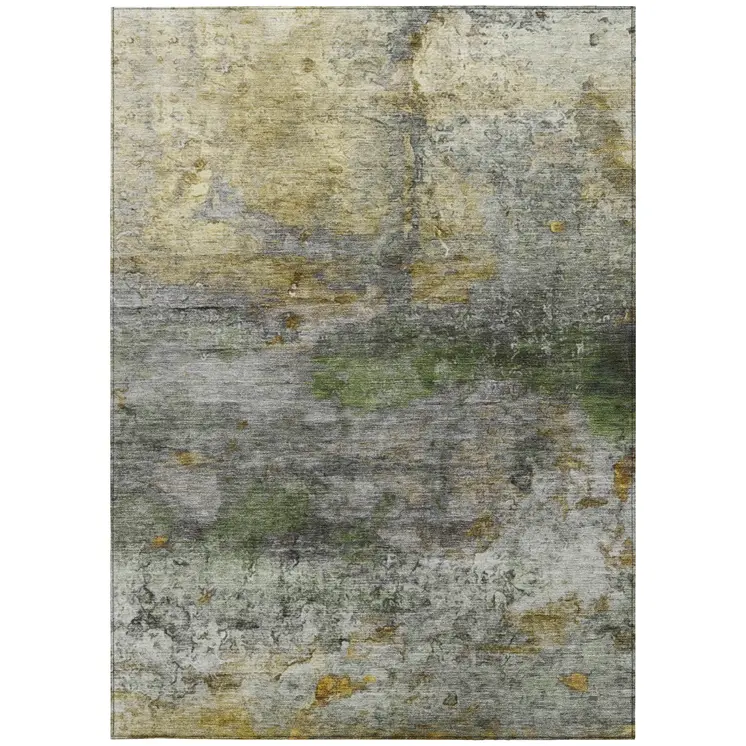 3' X 5' Olive Green Gold And Gray Abstract Washable Indoor Outdoor Area Rug
