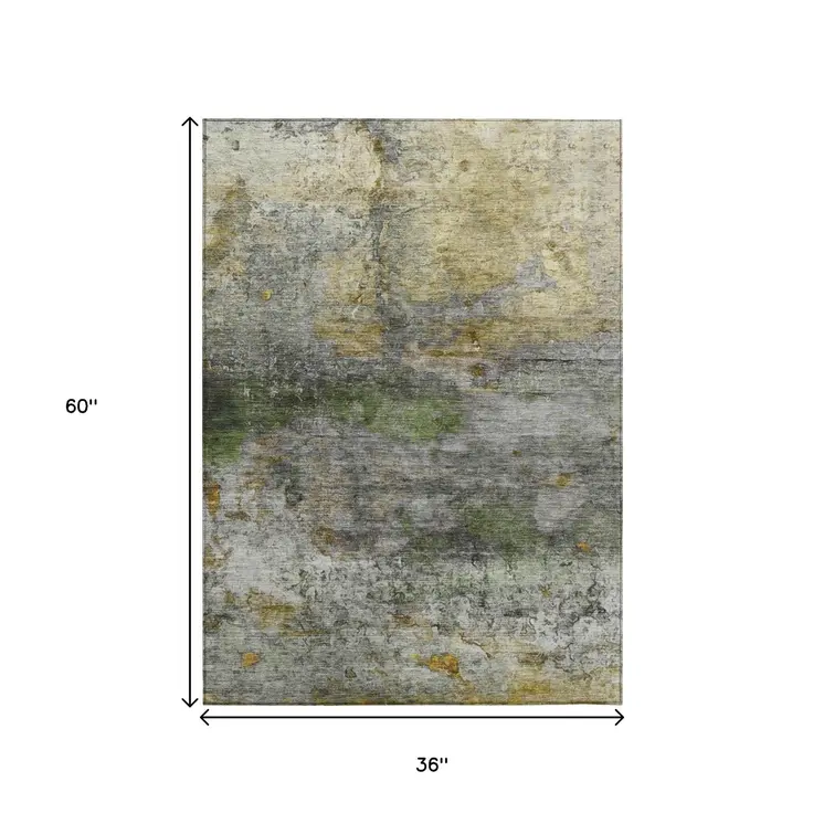 3' X 5' Olive Green Gold And Gray Abstract Washable Indoor Outdoor Area Rug