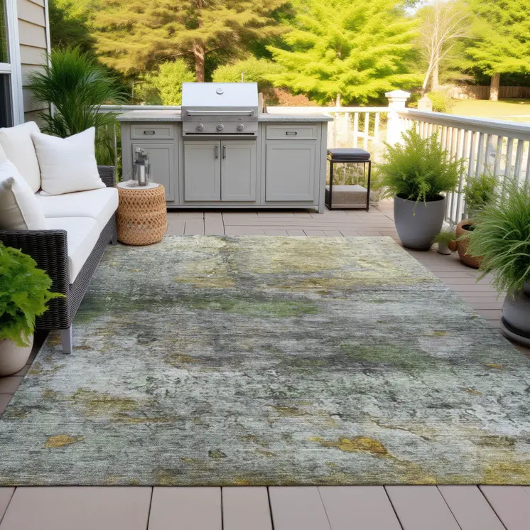 3' X 5' Olive Green Gold And Gray Abstract Washable Indoor Outdoor Area Rug