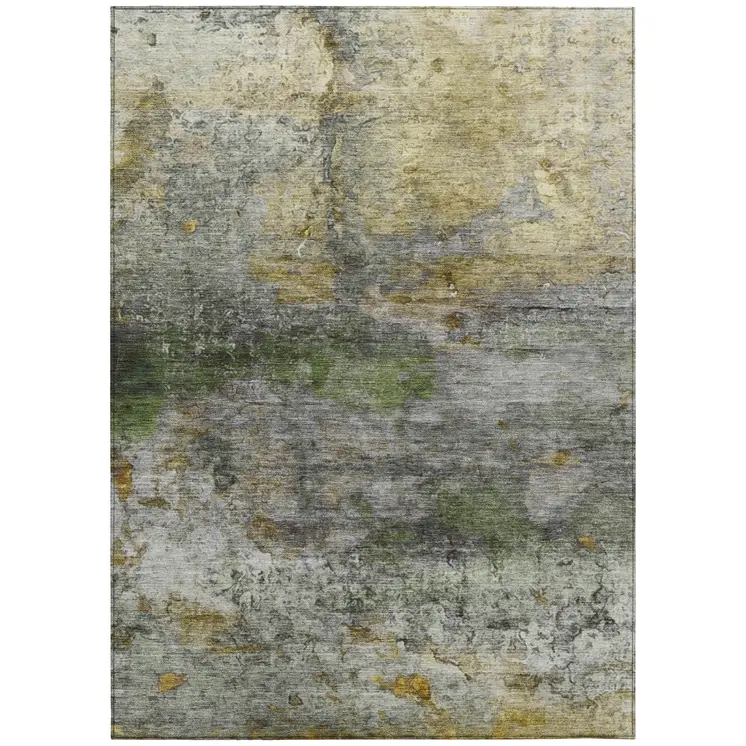 3' X 5' Olive Green Gold And Gray Abstract Washable Indoor Outdoor Area Rug