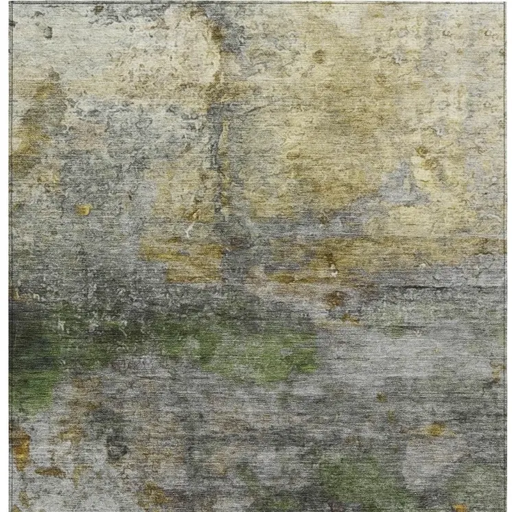 5' X 8' Olive Green Gold And Gray Abstract Washable Indoor Outdoor Area Rug