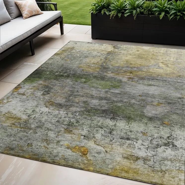 5' X 8' Olive Green Gold And Gray Abstract Washable Indoor Outdoor Area Rug