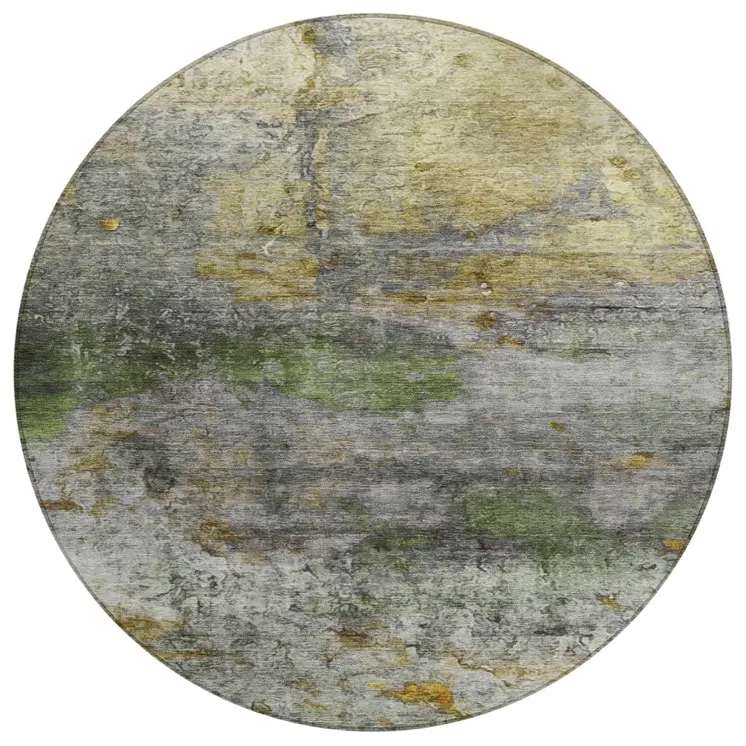 8' Olive Green Gold And Gray Round Abstract Washable Indoor Outdoor Area Rug