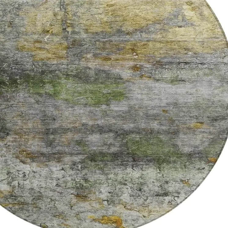 8' Olive Green Gold And Gray Round Abstract Washable Indoor Outdoor Area Rug