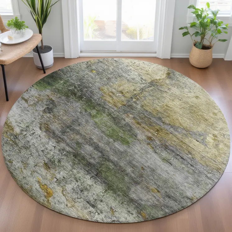 8' Olive Green Gold And Gray Round Abstract Washable Indoor Outdoor Area Rug