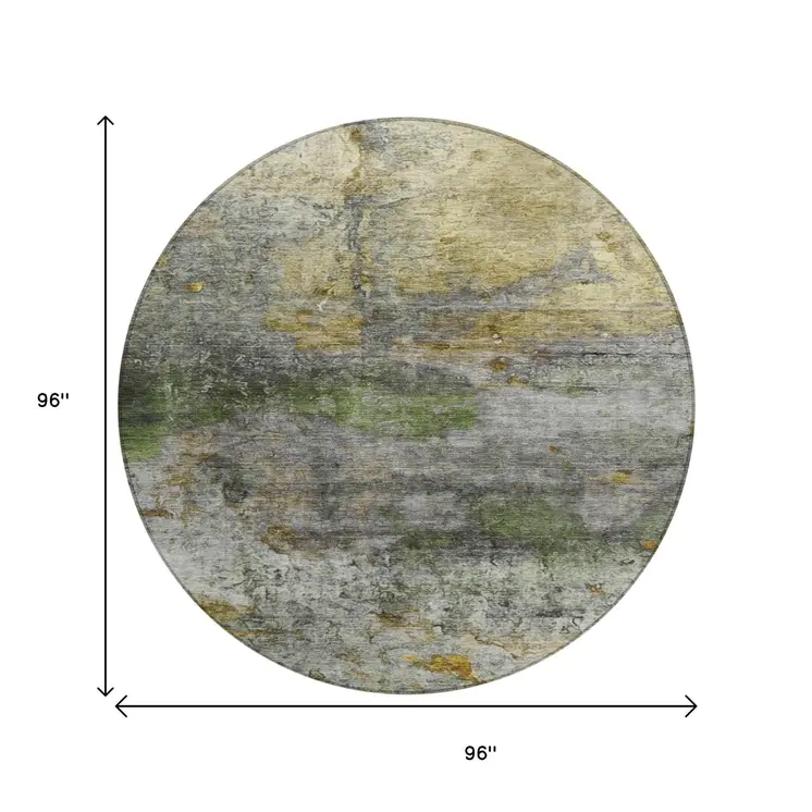 8' Olive Green Gold And Gray Round Abstract Washable Indoor Outdoor Area Rug