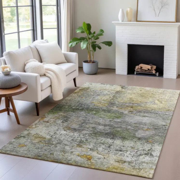 8' X 10' Olive Green Gold And Gray Abstract Washable Indoor Outdoor Area Rug